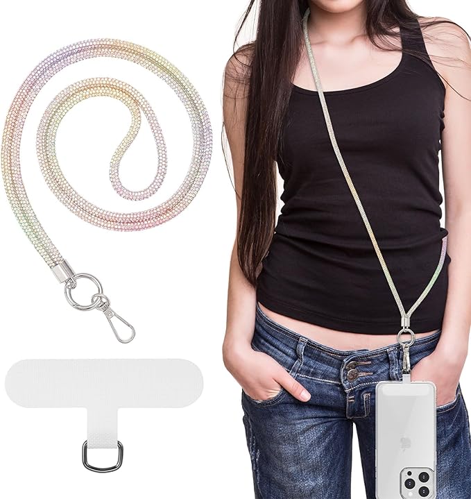 MoKo Universal Phone Lanyard, Metal Cell Phone Chain Crossbody Strap Anti-Theft Detachable Women Cellphone Lanyards Around The Neck with Patches for iPhone, Most Smartphones - Colorful