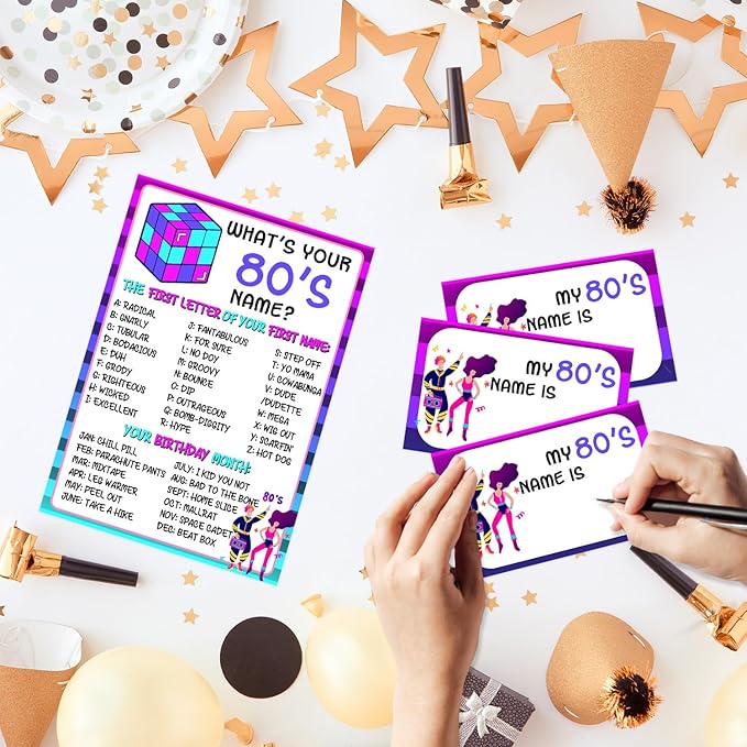80s Theme Party Decorations, 80'S Theme Birthday Party Sign Decoration for Boys Girls, Kids Activity Cards, What's Your 80'S Name, Activity Decoration Supplies