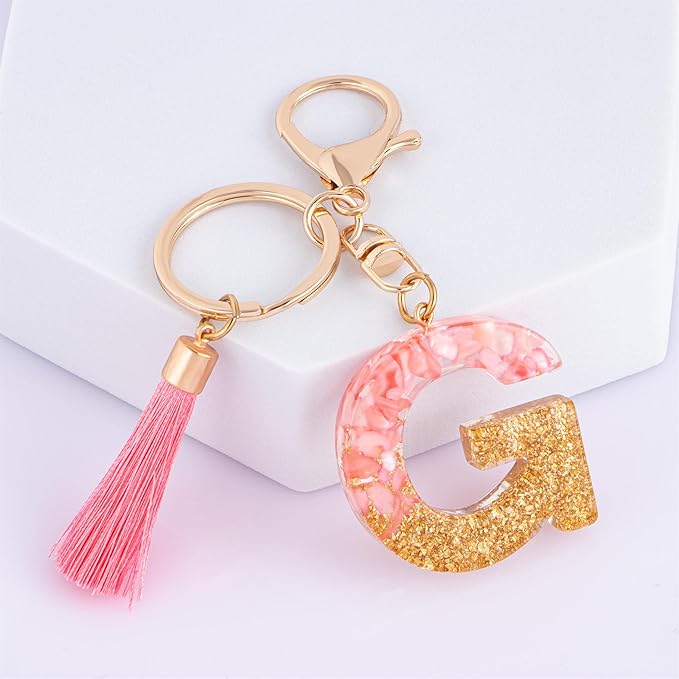 Suweibuke Cute Pink Key Chains for Women Girls, Initial Letter Keychains with Tassel, Charms for Key Purse Handbags Backpacks