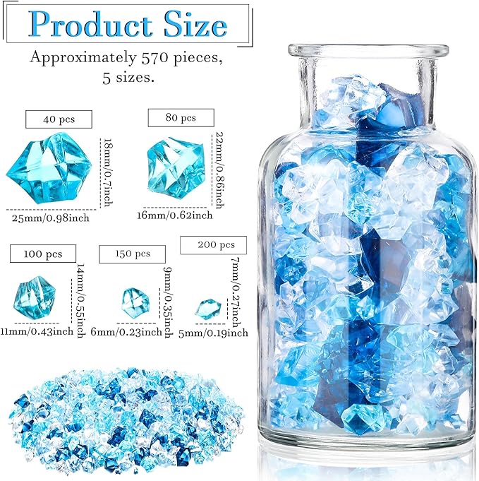 Syhood 570 Pcs 5 Sizes Mixed Blue Fake Crushed Ice Rocks Blue Aquarium Rocks Plastic Gemstone Diamond Acrylic Crystal Gems for DIY Craft Winter Table Scatter Vase Fillers Fish Tank Decor Centerpieces