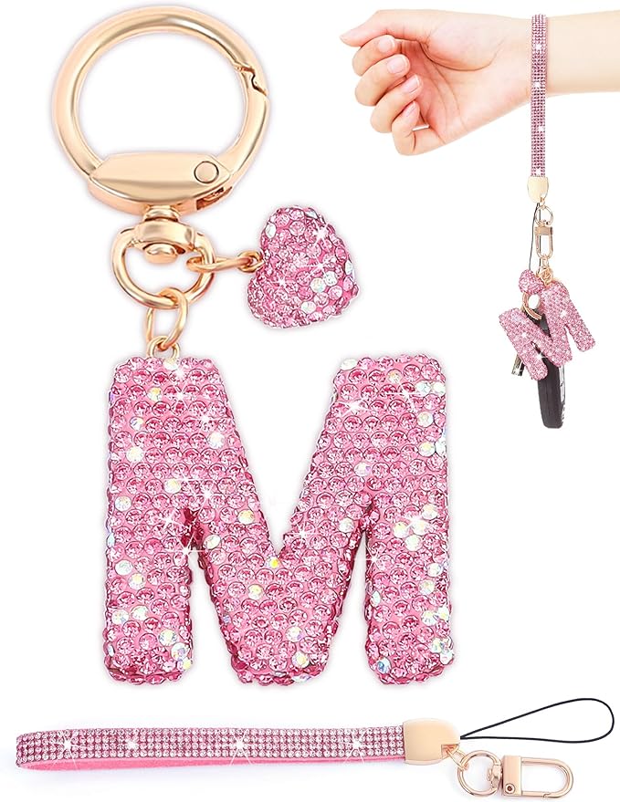 Initial Keychain for Women Girls,Bling Letter Key chain Initial with Heart,Pink Keychain Charms for Backpack Handbag