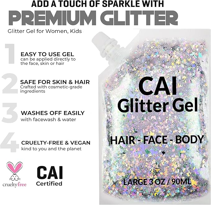 Face, Body & Hair Glitter Gel – Halloween Glitter for Kids and Women – 3 Oz Cosmetic-Grade Gel w/Moon & Stars for Festivals & Halloween Party, Easy Apply & Wash Off - Blue 2Pack