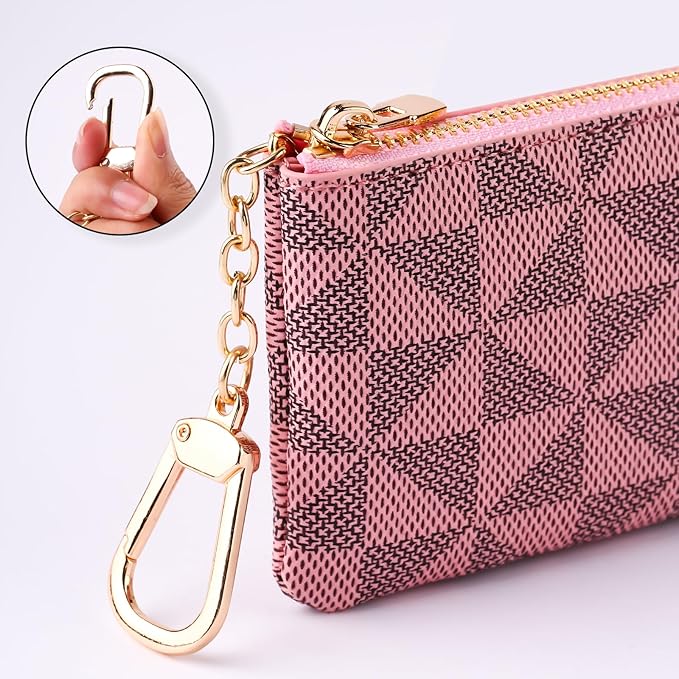 Leather Coin Purse for Women with KeyChain Small Zipper Change Purse coin Pouch Card Holder Wallet Clutch for Women & Men (Pink)