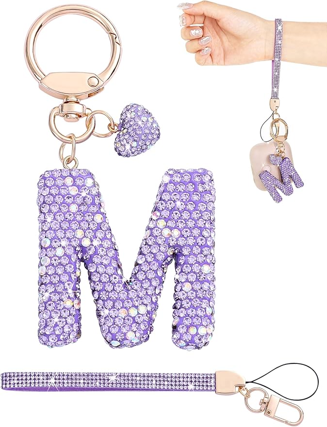 Initial Keychain for Women Girls,Bling Letter Key chain Initial with Heart,Pink Keychain Charms for Backpack Handbag