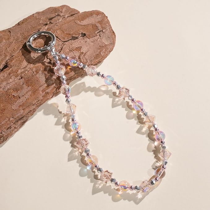 Cell Phone Wrist Strap Crystal Beaded Phone Bracelet Strap For Women Sparkling Beads Wristlet Lanyard Beaded Chain (Sakura Pink)