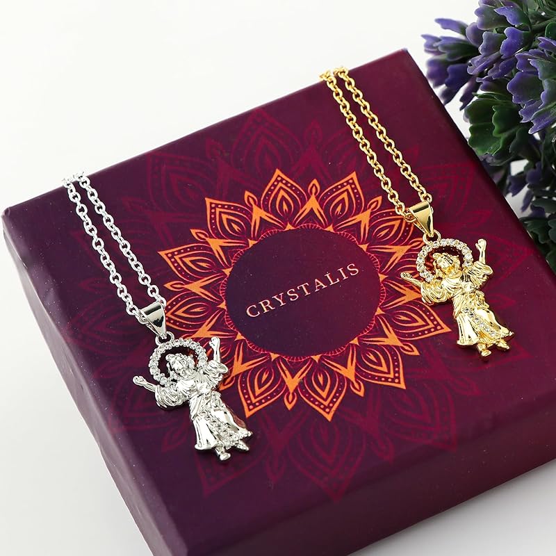 JOR Jejus Charm with CZ Pendant Necklace, Spiritual Charm, Men & Women Unisex Jewelry, Dainty Gold & Silver Plated Combo Chain 18 inch (Pack of 2)