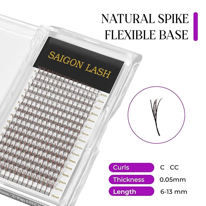 SAIGON LASH Anime Lash Kits Promade Fans –3D & 12D Wispy Volume Lashes, CC Curl 0.07, Mixed Length 6–13mm, Loose Handmade Extensions for Lash Artists (Dark brown-C-0.05-6 - 13mm)