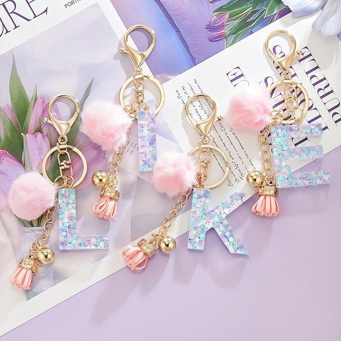 Resin Alphabet Initial Letter Keychain Keyring for Women Purse Handbags With Fur Ball Pom