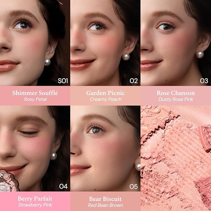 Flower Knows The Sweetie Bear Collection Silk Satin Blush,Shimmery Berry Pink Powder Blush for Cheeks,Buildable & Blendable Face Makeup,Soft Long-Lasting for Women & Girls,0.18 Oz(04 Berry Parfait)