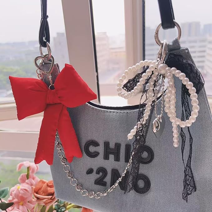 Pink Bow Keychain Bag Charms Y2K Bowknot Plaid Keychains Coquette Aesthetic Purse Handbag Backpacks Charms