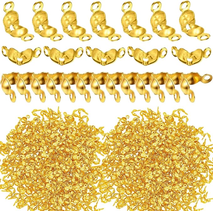1500 Pieces Beads Tips Knot Covers Clamshell Crimp Tips Beads Set Calotte Ends Knot Covers Fold-Over Bead Covers for Jewelry Making DIY Bracelet Necklaces(Gold)