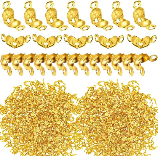 1500 Pieces Beads Tips Knot Covers Clamshell Crimp Tips Beads Set Calotte Ends Knot Covers Fold-Over Bead Covers for Jewelry Making DIY Bracelet Necklaces(Gold)