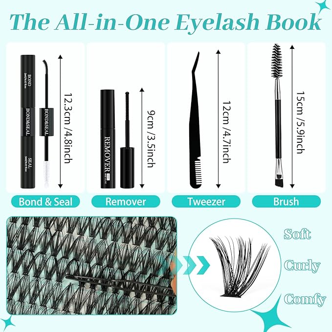 Lash Clusters Kit 640Pcs, 40D+50D Eyelash Extension Kit, Lash Bond and Seal Waterproof, Lash Remover, Lash Applicator Tool and Function Brush for DIY Eyelash Cluster Kit(D-Mix9-16mm Kit)