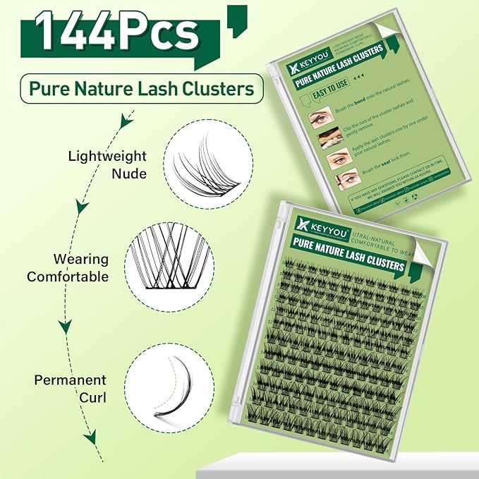 KEYYOU Natural Lash Clusters Wispy Eyelash Clusters 144 pcs Cluster Eyelash Extensions D Curl Individual Lashes 8-18MIX Mix Length Light and Natural Lashes Look with Thin Lash Band(N01-8-18MIX-D)