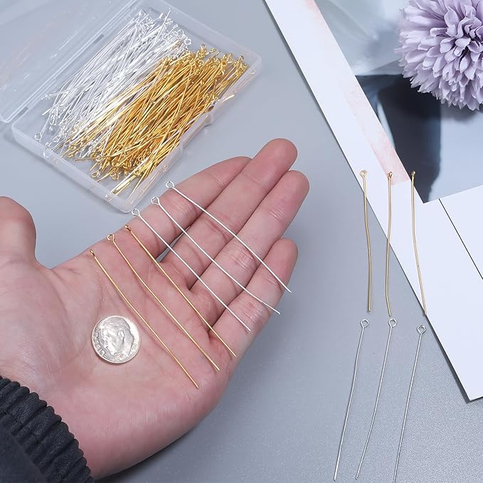200 Pcs 70mm/2.76 Inch 21 Gauge Eye Pins for Jewelry Making Straight Head Ball Pin for DIY Christmas Styles Craft Earring Bracelet Necklace Pendant Making (Eye Pins,Silver & Gold Color)