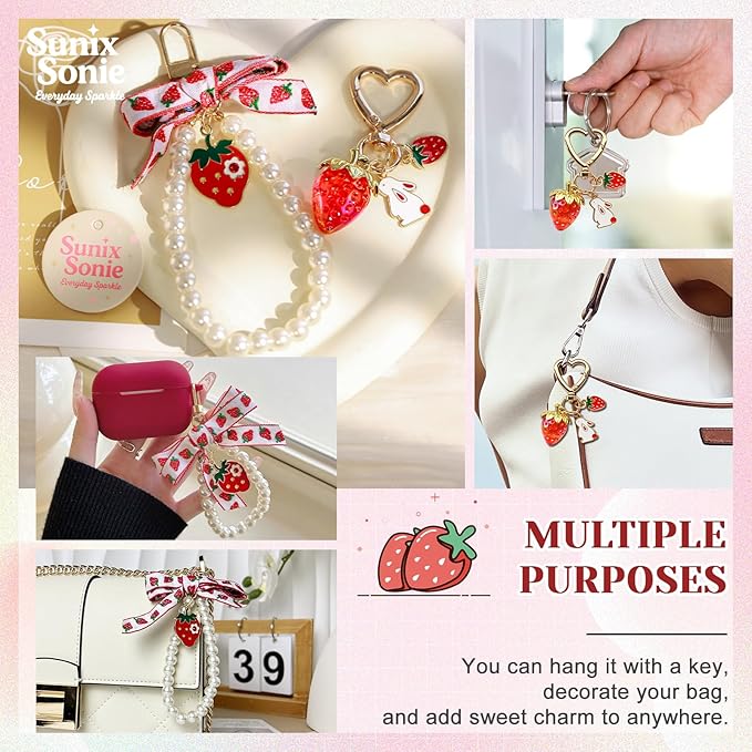 2Pcs Strawberry Keychain Charm Cute Bag Charms Flower Daisy Pearl Bow Keychain Strawberry gift for Women