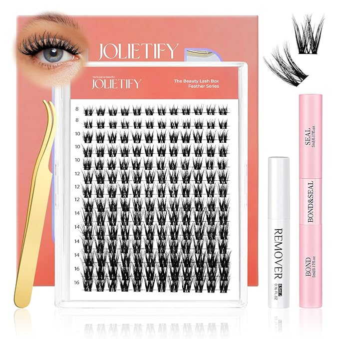JOLIETIFY Lash Extension Kit, Medium Dense, 8-16mm, DIY Faux Mink Cluster Lashes, Waterproof Bond & Seal, Reusable Individual Lashes, Lash Tweezers, Eyelash Remover, Soft & Fluffy, for Beginners