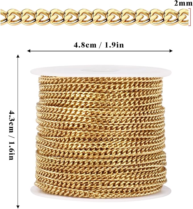 33FT Gold Stainless Steel Cuban Chain Roll 2MM 18K Gold PVD Plated Diamond-Cut Curb Link Chains Spool Bulk for Jewelry Making