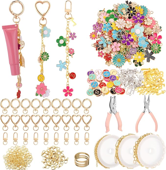 VioraWhite Lip Gloss Charm Kit Lip Gloss Keychain Making Kit Including Assorted Charms Keychain Clips Extender Chain(794 Pcs,Flower Style)