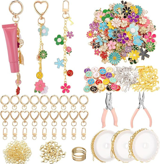 VioraWhite Lip Gloss Charm Kit Lip Gloss Keychain Making Kit Including Assorted Charms Keychain Clips Extender Chain(794 Pcs,Flower Style)