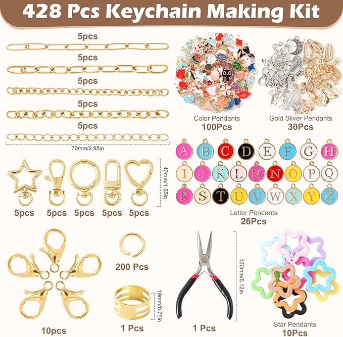 428Pcs Charms Lip Gloss Keychain Making Kit, DIY Bag Charm Kit with 25 Keychain Clips 25 Extender Chain 140 Charms Jewelry Plier & Beading Accessories, Jewelry Making Kit for Custom Keychains Gifts