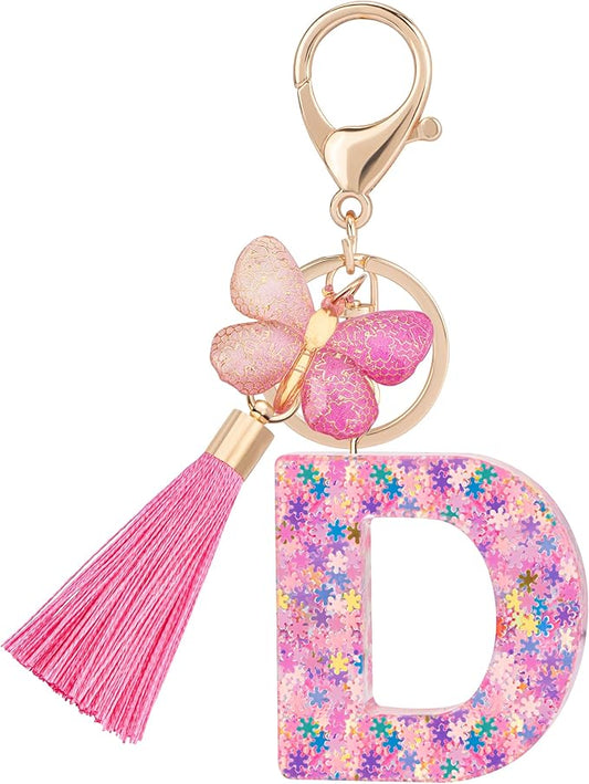 Suweibuke Cute Pink Key Chains for Women Girls, Initial Letter Keychains with Tassel, Charms for Key Purse Handbags Backpacks