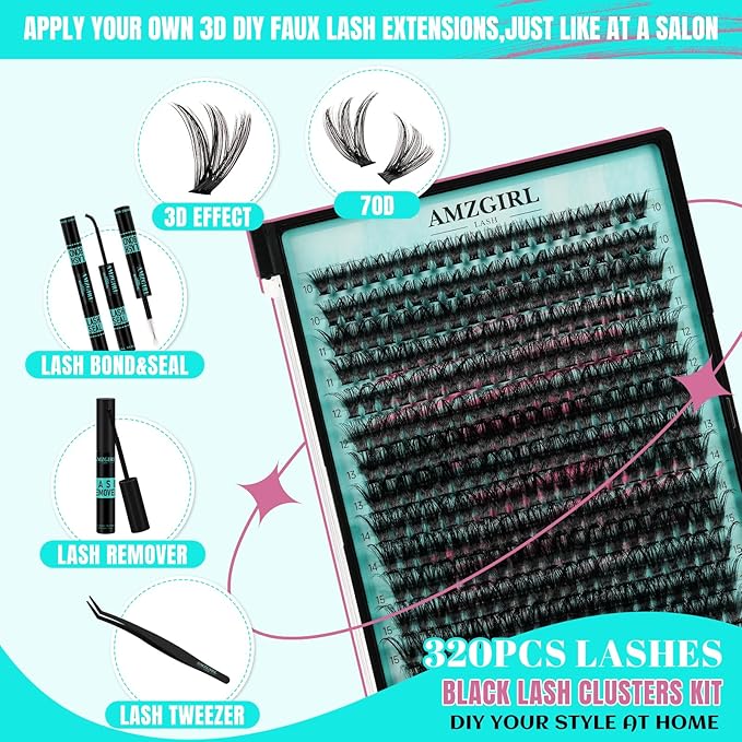 Lash Extension Kit 320Pcs,DIY Individual Lashes Clusters Kit,Lash Bond And Seal,Lash Remover For Eyelashes Extensions,Lash Applicator Tool For False Eyelash Cluster Kit At Home(70D,D-Mix10-16mmKit)