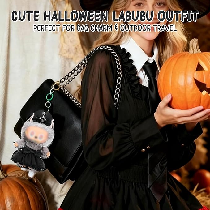 Clothes for Labubu 17cm Collectible Doll (No Doll Included), 2-Piece Little Witch Outfit Set (Dress & Hair Clip), Black Lace Costume Accessories