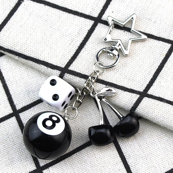 Lucky Dice Cherry Magic 8 Ball Keychain Billiard Ball Star Cherry Bags Charms Cute Y2k Keychain for Women Men