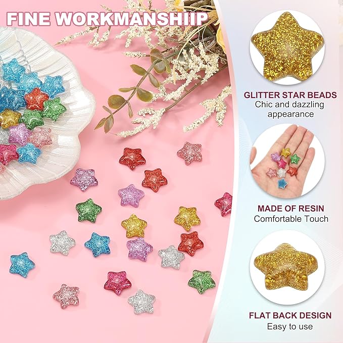 PATIKIL 60 Pcs Flat Back Resin Star Beads, Glitter Star Charms Bulk Mini Flat Back Beads Embellishments for DIY Crafts Phone Case, Yellow