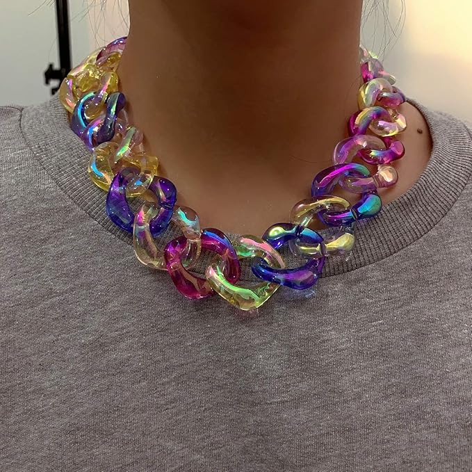 Xerling Colorful Rainbow Acrylic Link Chain Necklace Punk Chunky Boho Iridescent Necklace for Women Teen Girls Multi-Colored Curb Chain Choker for Party Modern Necklace