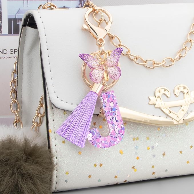 Initial letter Keychains for Women Girls Tassel Butterfly Cute Keychain for Wallet Backpack charm
