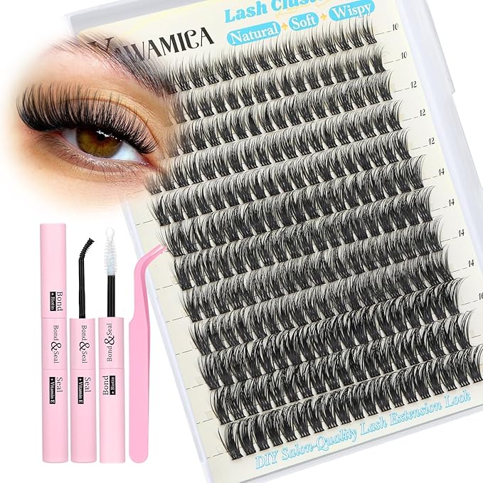 Yawamica Lash Extension Kit Wispy Lash Clusters Kit 10-16mm Eyelash Extension Kit C Curly Eyelash Clusters 228pcs Individual Lashes with Waterproof Lash Bond and Seal Lash Tweezers for Hybrid Look