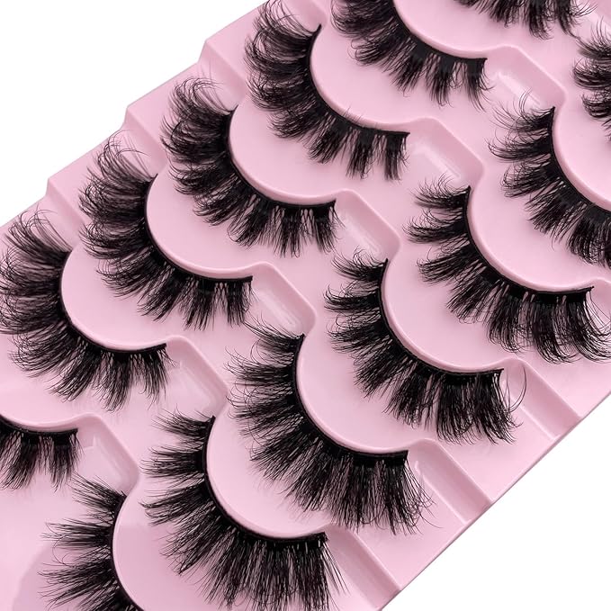 Natgluzie Eyelashes Wispy Lashes Strips - Russian D Curl Strip lashes, 3D Volume Mink Eyelash for Dramatic Look, 7-Pairs Fluffy False Eyelashes