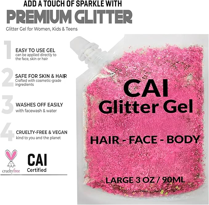 Face, Body & Hair Glitter Gel – Halloween Glitter for Kids and Women – 3 Oz Cosmetic-Grade Gel w/Moon & Stars for Festivals & Halloween Party, Easy Apply & Wash Off - Pink 1Pack