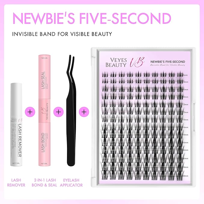 VEYESBEAUTY Manga Lash Clusters Kit Eyelash Extensions Thin & Invisible Band DIY Individual False Eyelashes Newbie's Five-Second Series Wispy Lash Tray Kit, with Bond&Seal Remover Applicator