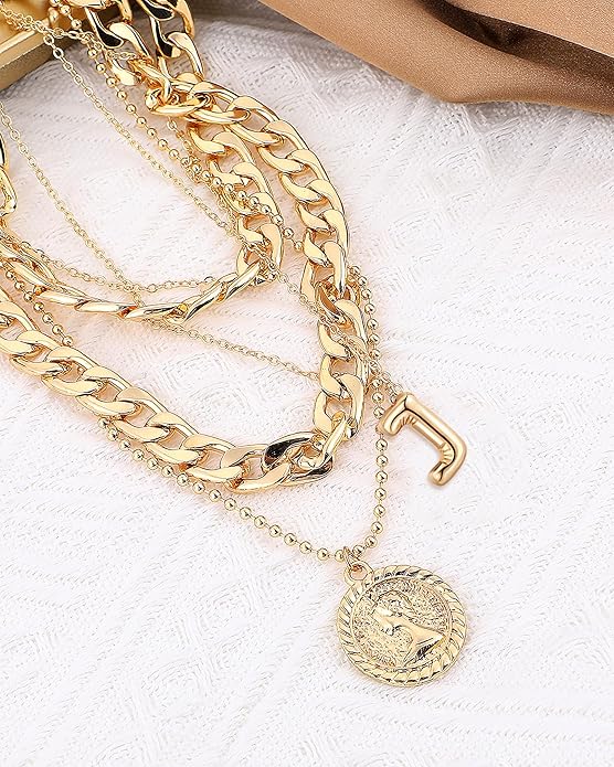 MJartoria Layered Necklaces for Women Trendy Balloon Initial Coin Pendant Necklace Dainty Chunky Chain Choker Necklaces Jewelry Birthday Gifts