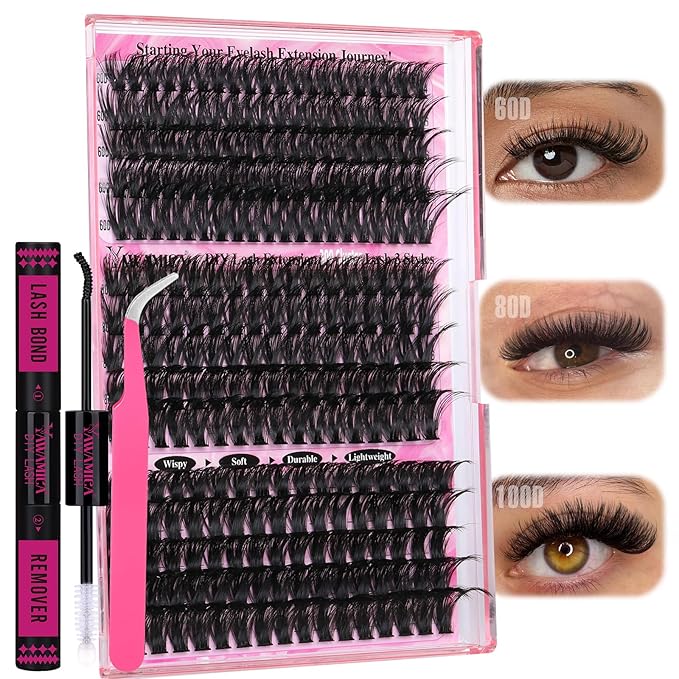 Yawamica Faux Mink Eyelash Extensions Kit, 300pcs 60D+80D+100D Individual Clusters, Black, Cruelty Free, DIY Lash Beginners