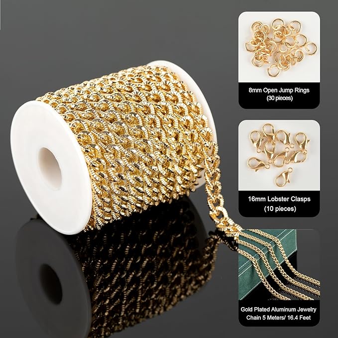UMAOKANG 5 Meters Strong Cuban Chain for Jewelry Making Gold Plated Aluminum Necklace Bracelet Chains Bulk for Men and Women Embossed Cuban Link Chain