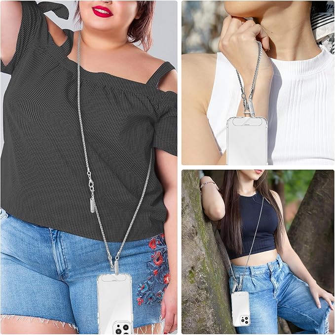 Metal Phone Chain, Crossbody Detachable Phone Lanyard with 1*Wrist Strap & 2* Tether Tabs for iPhone and Smartphones (Silver,Extend)