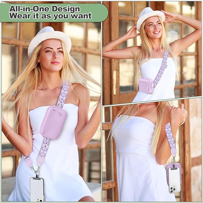 Clip and Go Strap for Phone with Wallet Crossbody, Adjustable Phone Lanyard with Detachable RFID Wristlet Wallet, Pattern Strap, Light Purple(M)