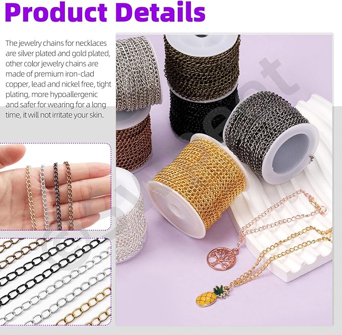 Swpeet 102Pcs Rose Gold 3mm by 10 Yard Length Jewelry Making Chains Kit with Jump Rings, Lobster Clasps and Jewelry Plier, Necklace Chains Flat Cable Link Chain Bulk Ideal for DIY Craft Jewel Making