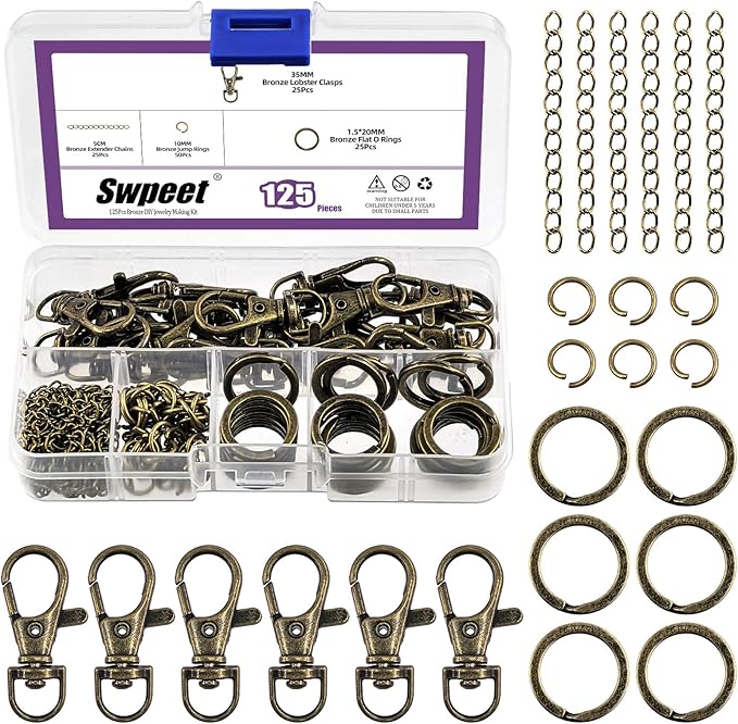 Swpeet 125Pcs Bronze Keychain Making Set, 25Pcs Swivel Lanyard Snap Hook, 25P Keychain Ring, 25P Extender Chains, 50P Open Jump Rings, Swivel Lobster Clasps, Keychains Clips