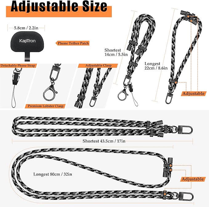 Kaptron 2Pcs Cell Phone Lanyard: Universal Adjustable Crossbody Phone Strap and Wrist Strap, with 2 Lobster Clips and 2 Tether Patches, Compatible with Most iPhone and Android Smartphones