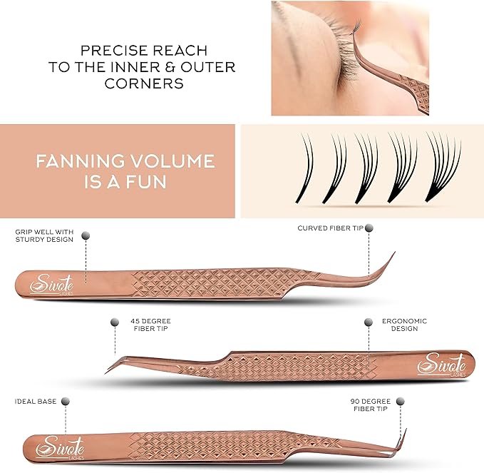SIVOTE Eyelash Extension Tweezers Fiber Tips, Set of 6, Curved, Dolphin, 90 Degree 45 Degree, Volume Boot & Slight Curved Tweezer, Rose Gold