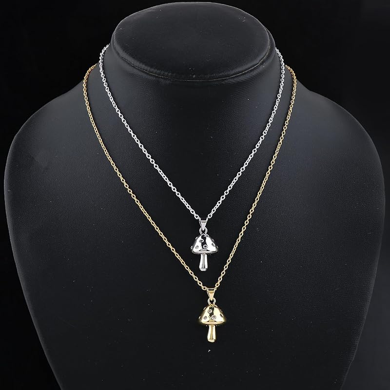 JOR Mushroom Charm Pendant Necklace, Women Jewelry, Dainty Gold & Silver Plated Chain Combo 18 inch (Pack of 2)