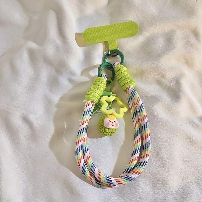 Dopamine Vibes Universal Wrist Strap - Korean-Style Short Phone Lanyard with Cute Green Durain Charm, 7mm Rope, Trendy Anti-Theft Tether for Girls, Includes Pendant & Nylon Phone Tab