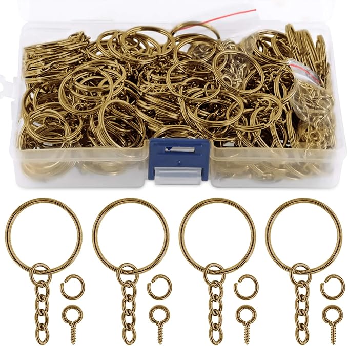 Swpeet 450Pcs 1 Inch 25mm Bronze Flat Key Chain Rings Kit, Including 150Pcs Split Keychain Rings with Chain and 150Pcs Jump Ring with 150Pcs Screw Eye Pins Bulk for Jewelry Findings Making