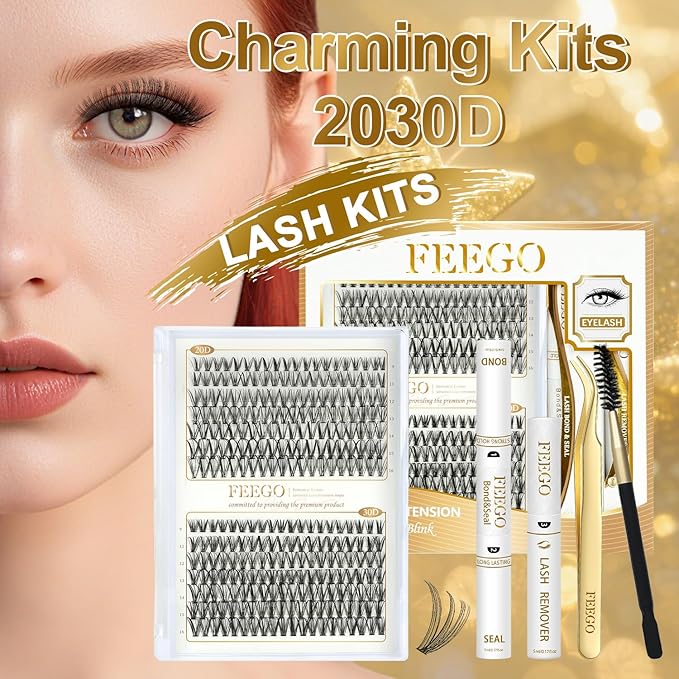 FEEGO Eyelash Extensions Kit Lash Clusters DIY Lash 280pcs 9-16mm Individual Lashes Clusters 20D 30D D Curl Eyelash Extension Kit Individual Lashes, Lash Bond, Seal Glue, Remover (2030D Charming Kit)