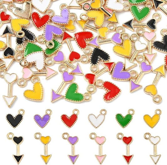 Stiesy 60 Pcs 12 Styles Romantic Enamel Heart & Arrow Charms Alloy Golden Dangle Pendants Charms Bulk For Women Jewelry Making Earrings Necklace Bracelets DIY Crafts Supplies
